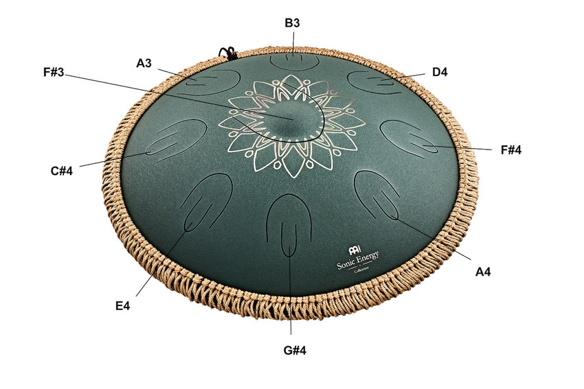 MEINL Sonic Energy OSTD4DGE 16" Octave Steel Tongue Drum, F# Minor, 9 Notes, 432 Hz, Dark Green